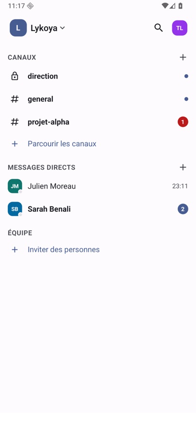 Liste des canaux et messages directs avec non-lus
