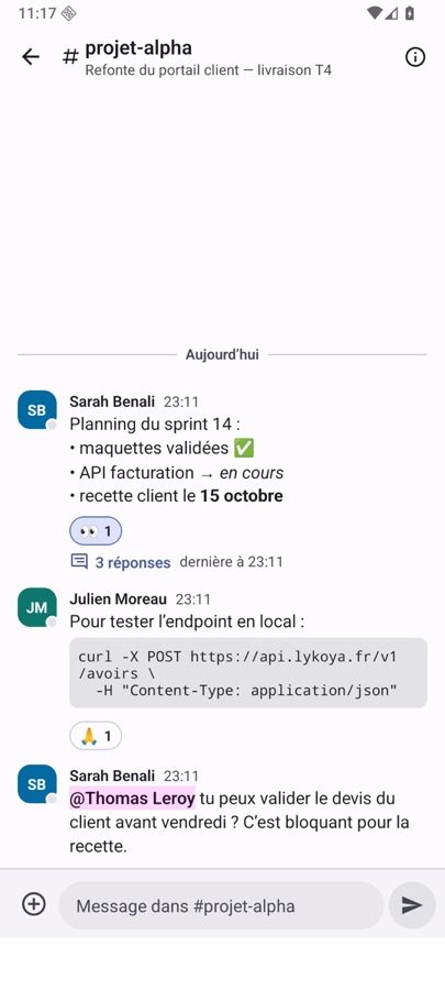 Canal avec mise en forme, code et réactions